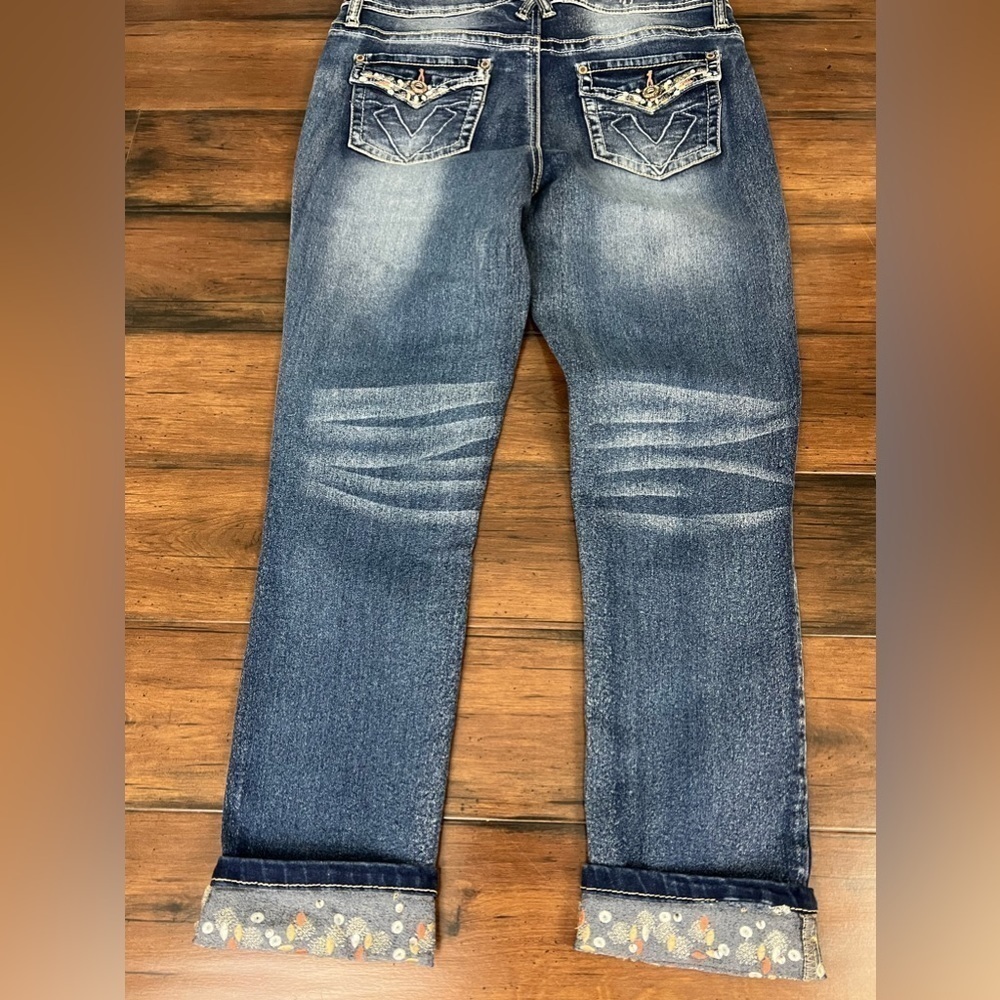 Hydraulic Floral Cuff Cropped Jeans Embroidered Pocket Stretch Denim - Size 6 - Picture 11 of 11